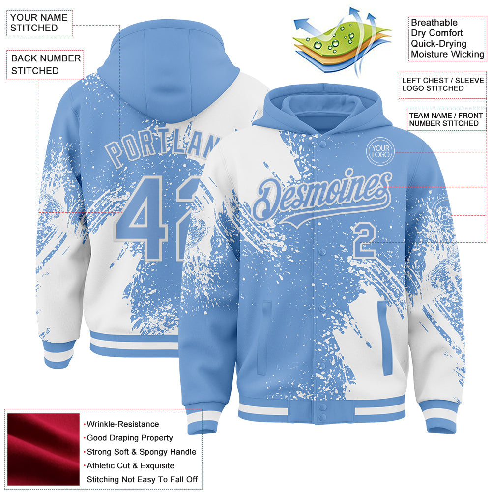 Custom Light Blue White Abstract Brush Stroke 3D Pattern Design Bomber Full-Snap Varsity Letterman Hoodie Jacket view 4