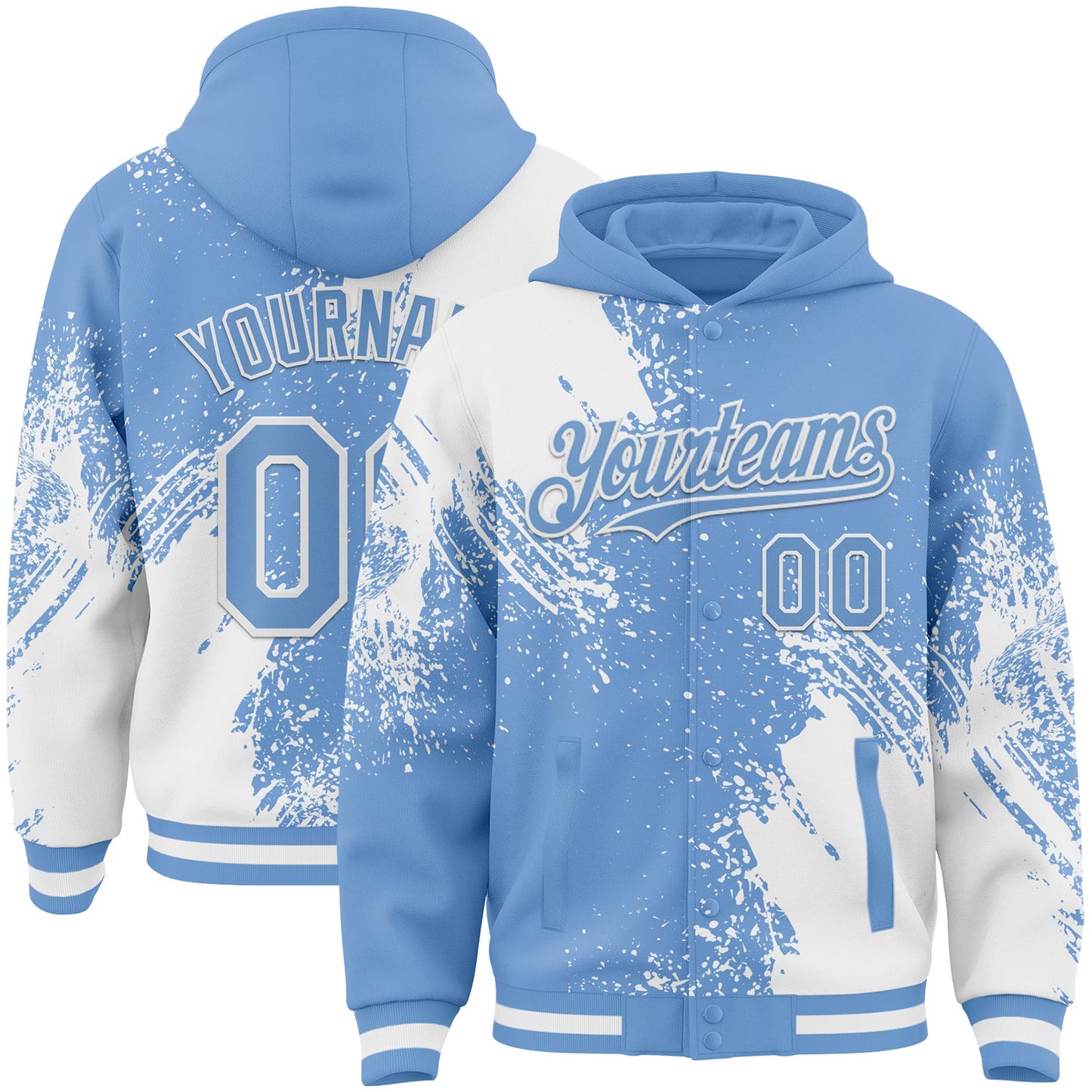 Custom Light Blue White Abstract Brush Stroke 3D Pattern Design Bomber Full-Snap Varsity Letterman Hoodie Jacket - Main View