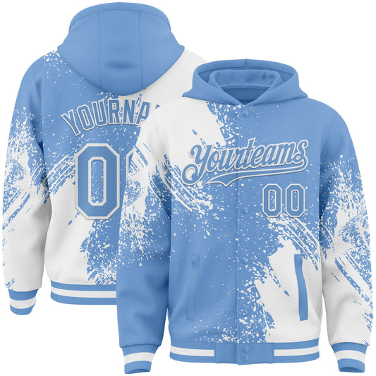 Custom Light Blue White Abstract Brush Stroke 3D Pattern Design Bomber Full-Snap Varsity Letterman Hoodie Jacket - Main View
