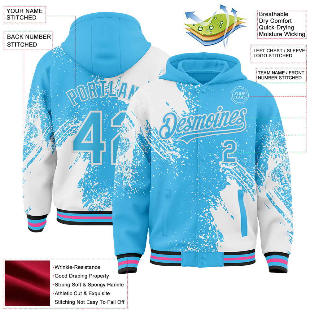 Custom Sky Blue White Black-Pink Abstract Brush Stroke 3D Pattern Design Bomber Full-Snap Varsity Letterman Hoodie Jacket view 4