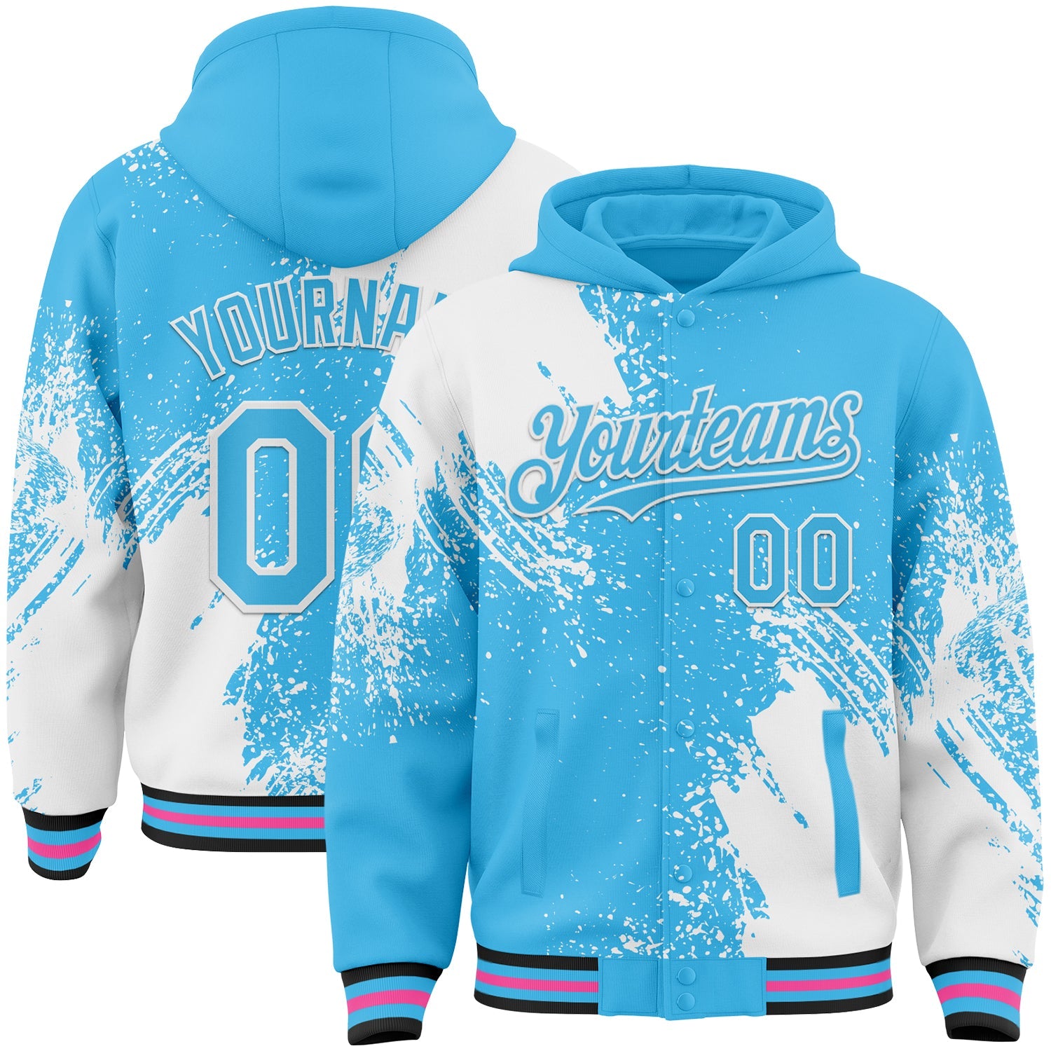 Custom Sky Blue White Black-Pink Abstract Brush Stroke 3D Pattern Design Bomber Full-Snap Varsity Letterman Hoodie Jacket - Main View