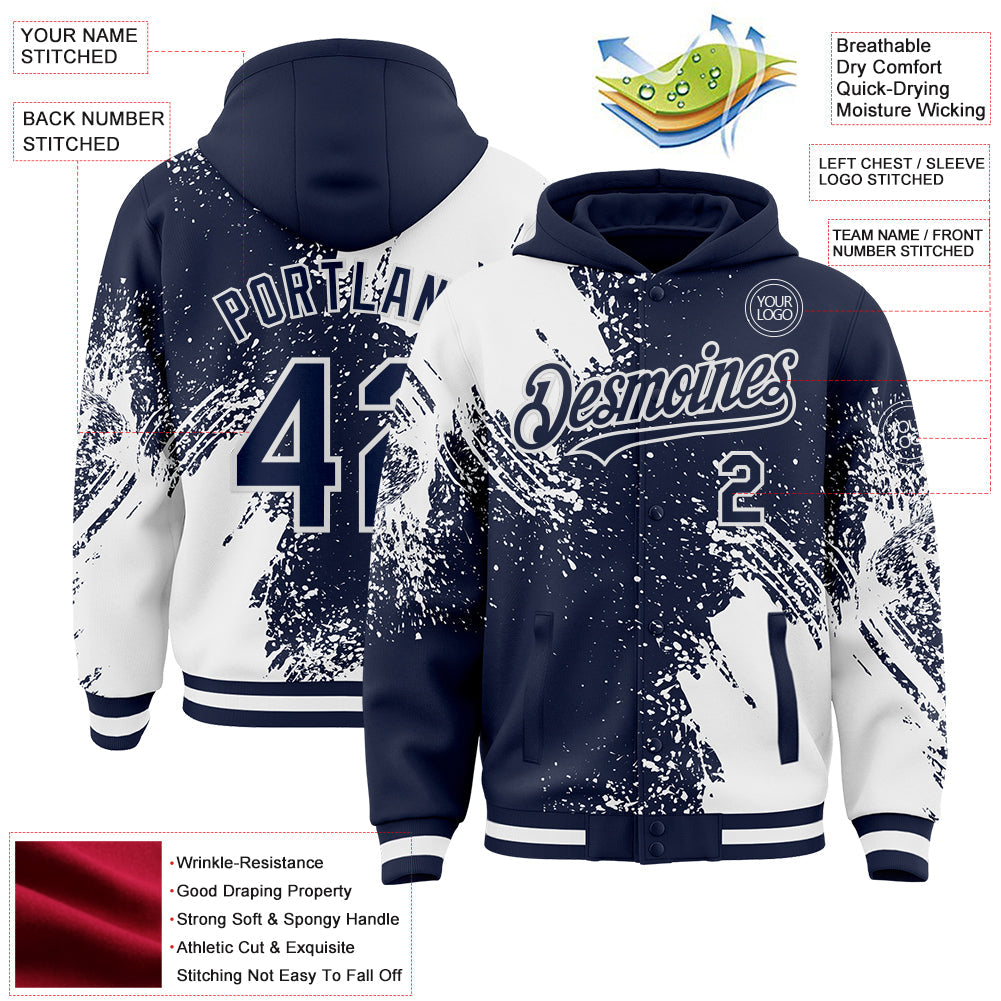 Custom Navy White Abstract Brush Stroke 3D Pattern Design Bomber Full-Snap Varsity Letterman Hoodie Jacket view 4