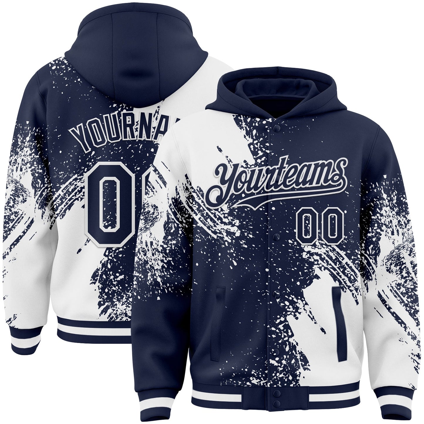 Custom Navy White Abstract Brush Stroke 3D Pattern Design Bomber Full-Snap Varsity Letterman Hoodie Jacket - Main View