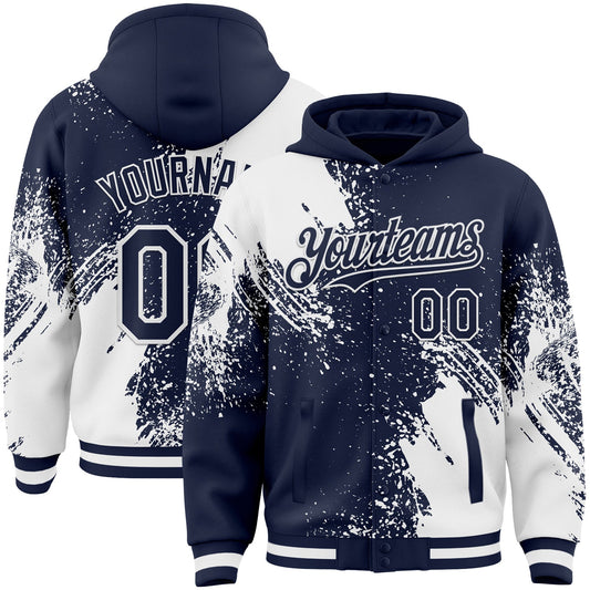 Custom Navy White Abstract Brush Stroke 3D Pattern Design Bomber Full-Snap Varsity Letterman Hoodie Jacket - Main View