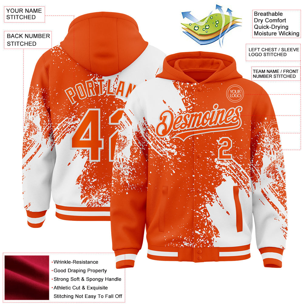 Custom Orange White Abstract Brush Stroke 3D Pattern Design Bomber Full-Snap Varsity Letterman Hoodie Jacket view 4