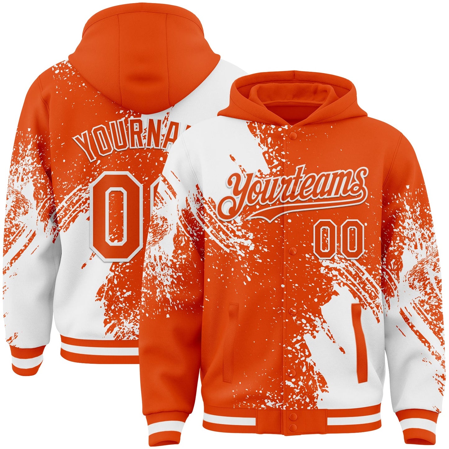 Custom Orange White Abstract Brush Stroke 3D Pattern Design Bomber Full-Snap Varsity Letterman Hoodie Jacket - Main View