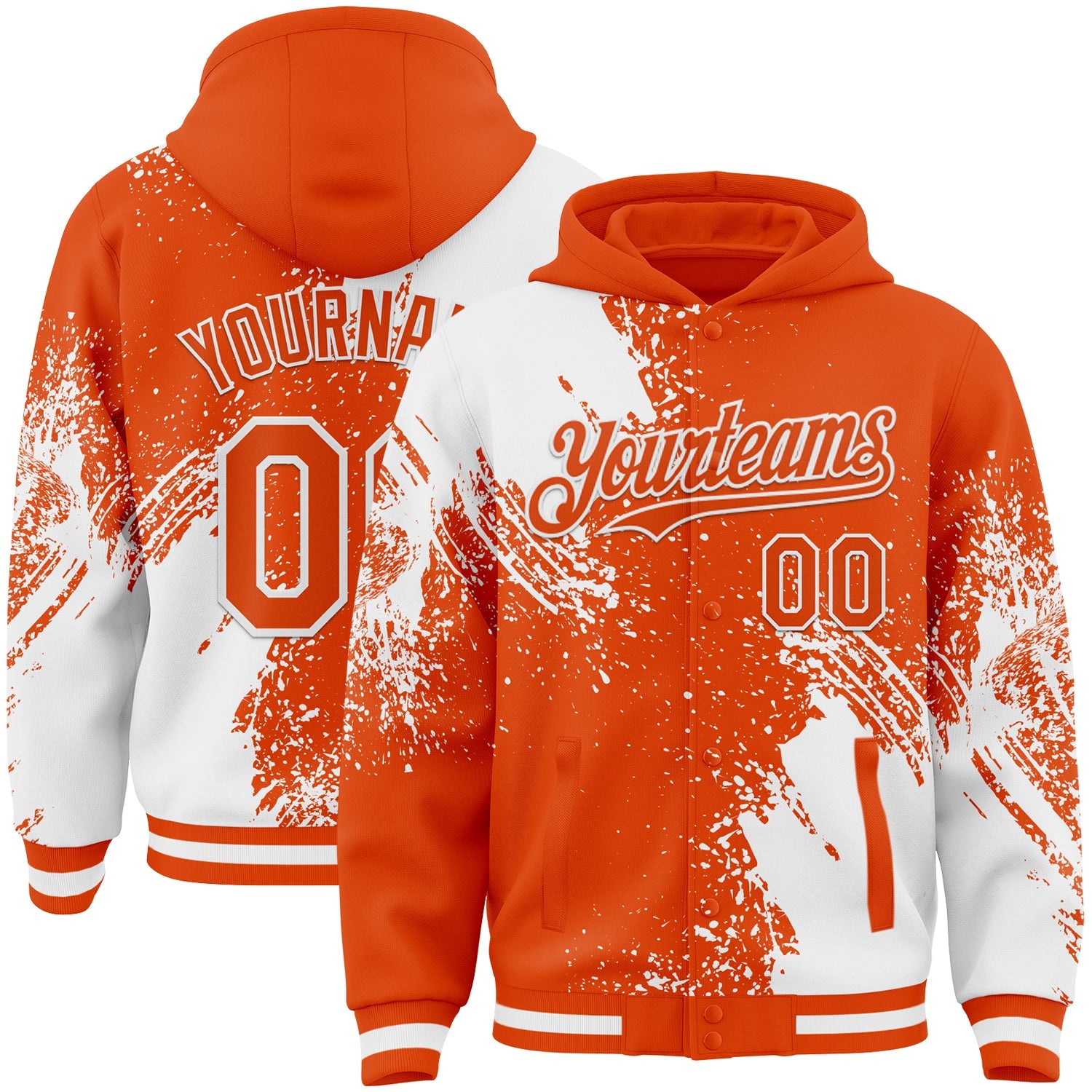 Custom Orange White Abstract Brush Stroke 3D Pattern Design Bomber Full-Snap Varsity Letterman Hoodie Jacket - Main View