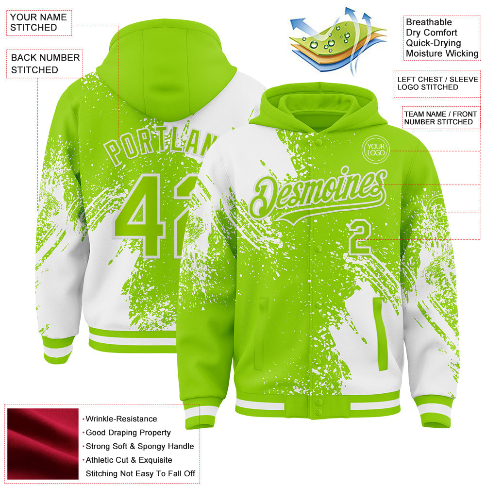 Custom Neon Green White Abstract Brush Stroke 3D Pattern Design Bomber Full-Snap Varsity Letterman Hoodie Jacket view 4