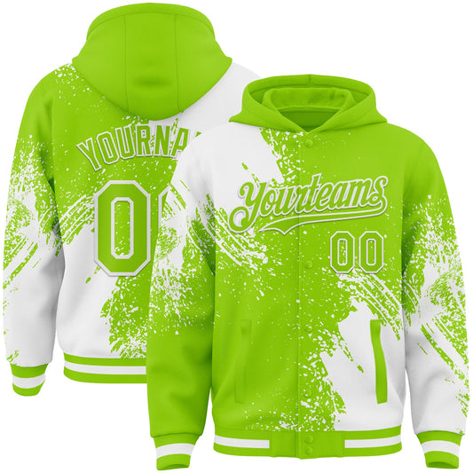 Custom Neon Green White Abstract Brush Stroke 3D Pattern Design Bomber Full-Snap Varsity Letterman Hoodie Jacket - Main View