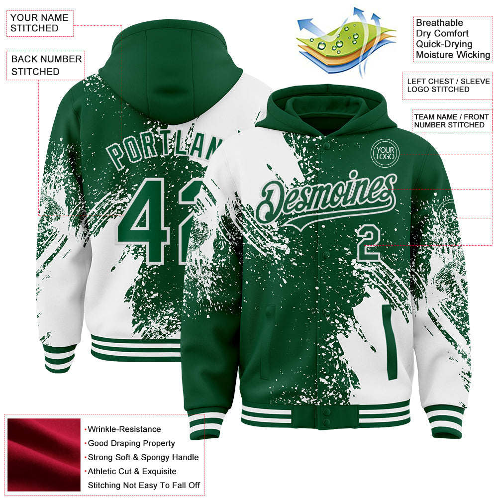 Custom Kelly Green White Abstract Brush Stroke 3D Pattern Design Bomber Full-Snap Varsity Letterman Hoodie Jacket view 4