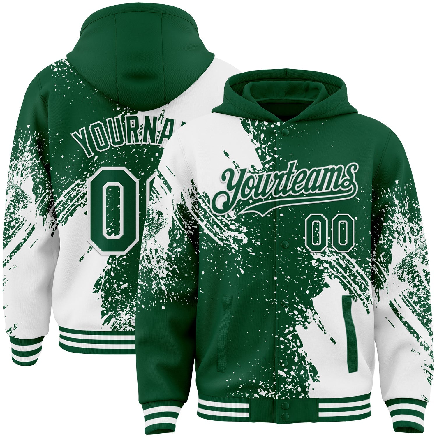 Custom Kelly Green White Abstract Brush Stroke 3D Pattern Design Bomber Full-Snap Varsity Letterman Hoodie Jacket - Main View