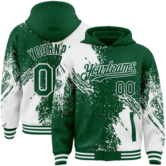 Custom Kelly Green White Abstract Brush Stroke 3D Pattern Design Bomber Full-Snap Varsity Letterman Hoodie Jacket - Main View