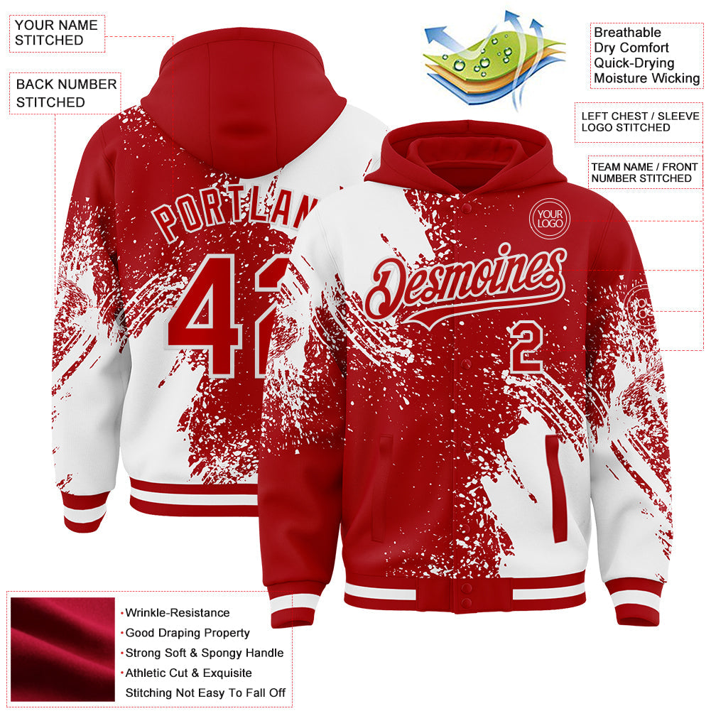 Custom Red White Abstract Brush Stroke 3D Pattern Design Bomber Full-Snap Varsity Letterman Hoodie Jacket view 4