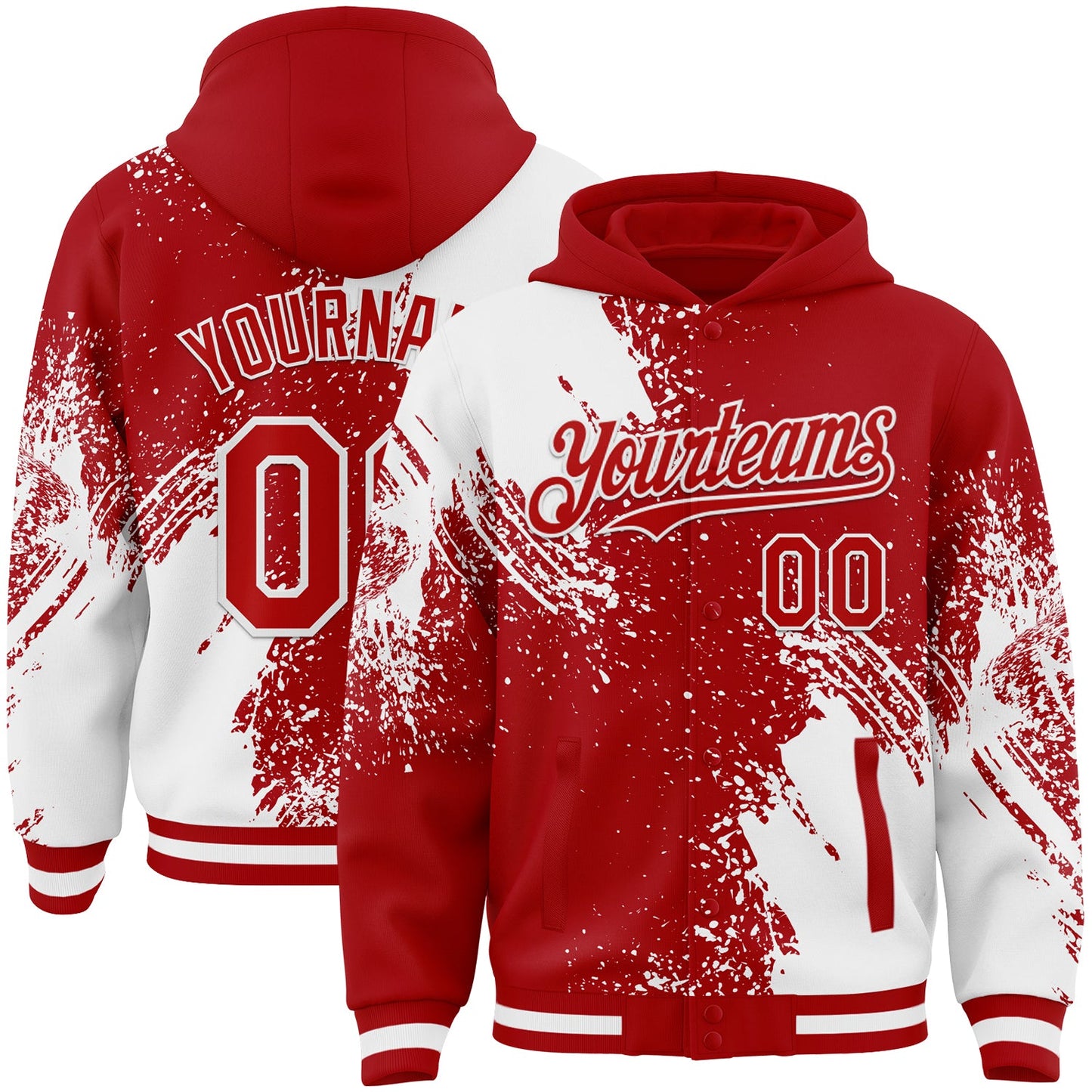Custom Red White Abstract Brush Stroke 3D Pattern Design Bomber Full-Snap Varsity Letterman Hoodie Jacket - Main View