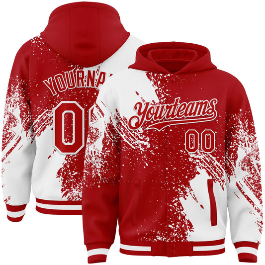 Custom Red White Abstract Brush Stroke 3D Pattern Design Bomber Full-Snap Varsity Letterman Hoodie Jacket - Main View