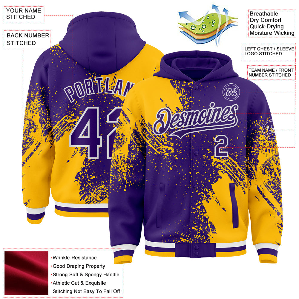 Custom Purple Gold-White Abstract Brush Stroke 3D Pattern Design Bomber Full-Snap Varsity Letterman Hoodie Jacket view 4
