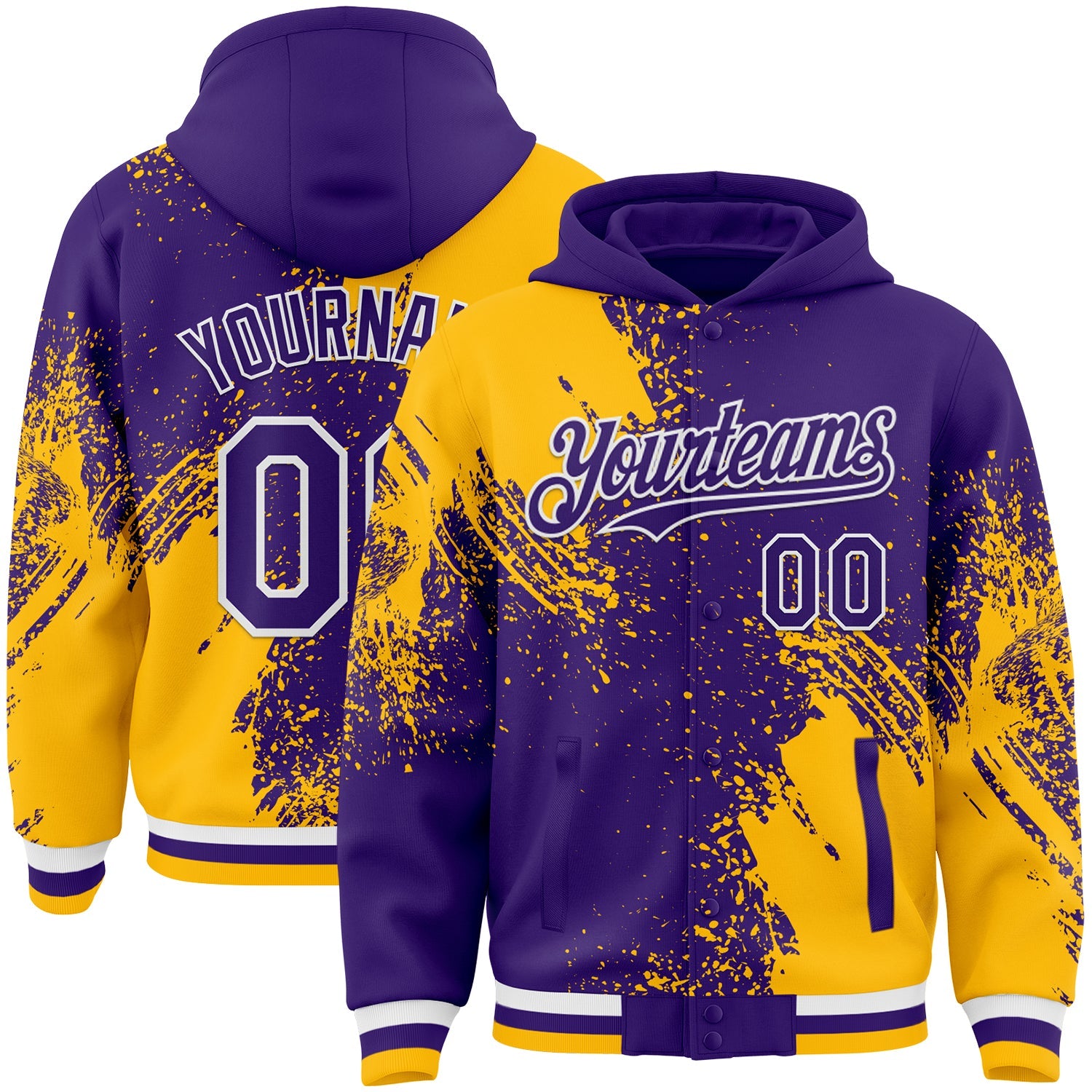 Custom Purple Gold-White Abstract Brush Stroke 3D Pattern Design Bomber Full-Snap Varsity Letterman Hoodie Jacket - Main View