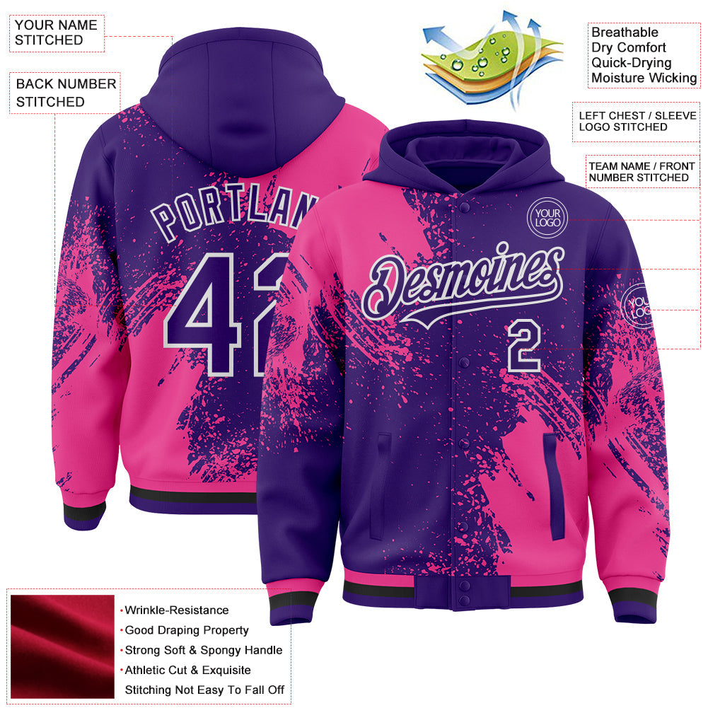 Custom Purple Pink-White Abstract Brush Stroke 3D Pattern Design Bomber Full-Snap Varsity Letterman Hoodie Jacket view 4
