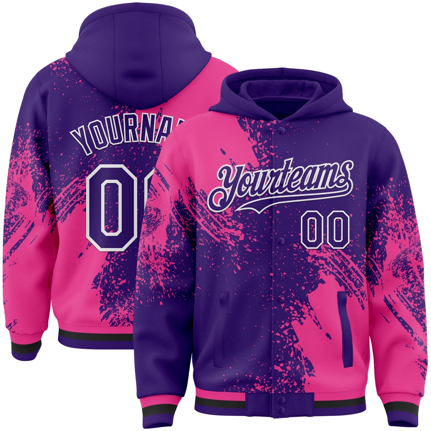 Custom Purple Pink-White Abstract Brush Stroke 3D Pattern Design Bomber Full-Snap Varsity Letterman Hoodie Jacket - Main View