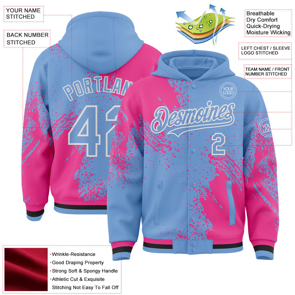 Custom Light Blue Pink-White Abstract Brush Stroke 3D Pattern Design Bomber Full-Snap Varsity Letterman Hoodie Jacket view 4