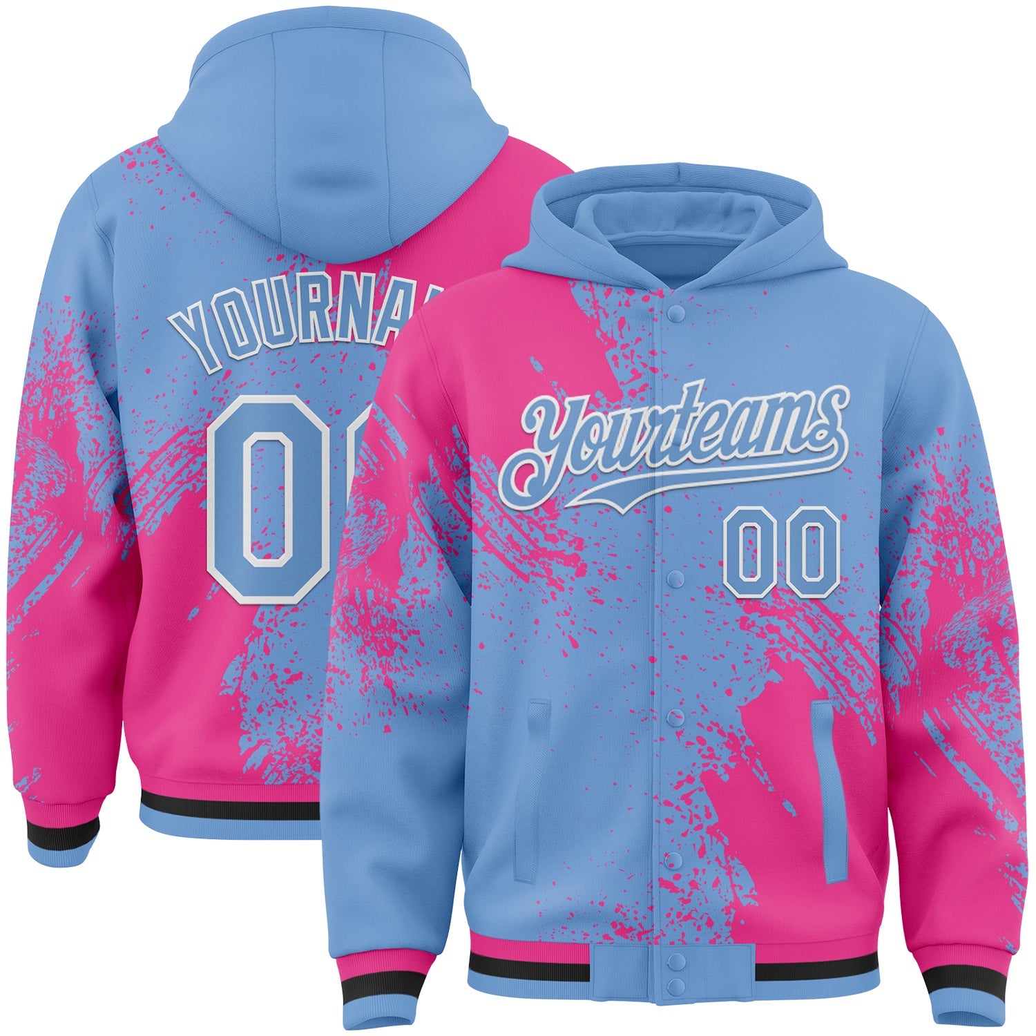 Custom Light Blue Pink-White Abstract Brush Stroke 3D Pattern Design Bomber Full-Snap Varsity Letterman Hoodie Jacket - Main View