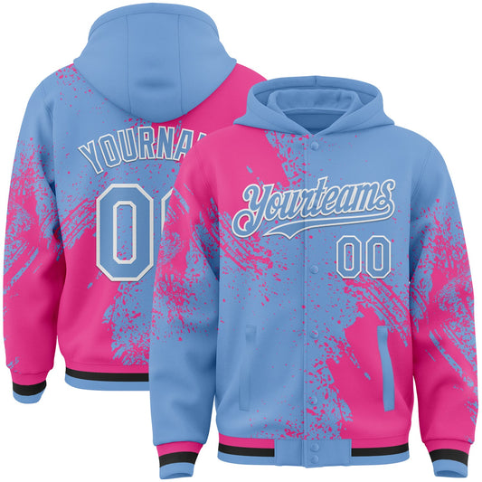 Custom Light Blue Pink-White Abstract Brush Stroke 3D Pattern Design Bomber Full-Snap Varsity Letterman Hoodie Jacket - Main View