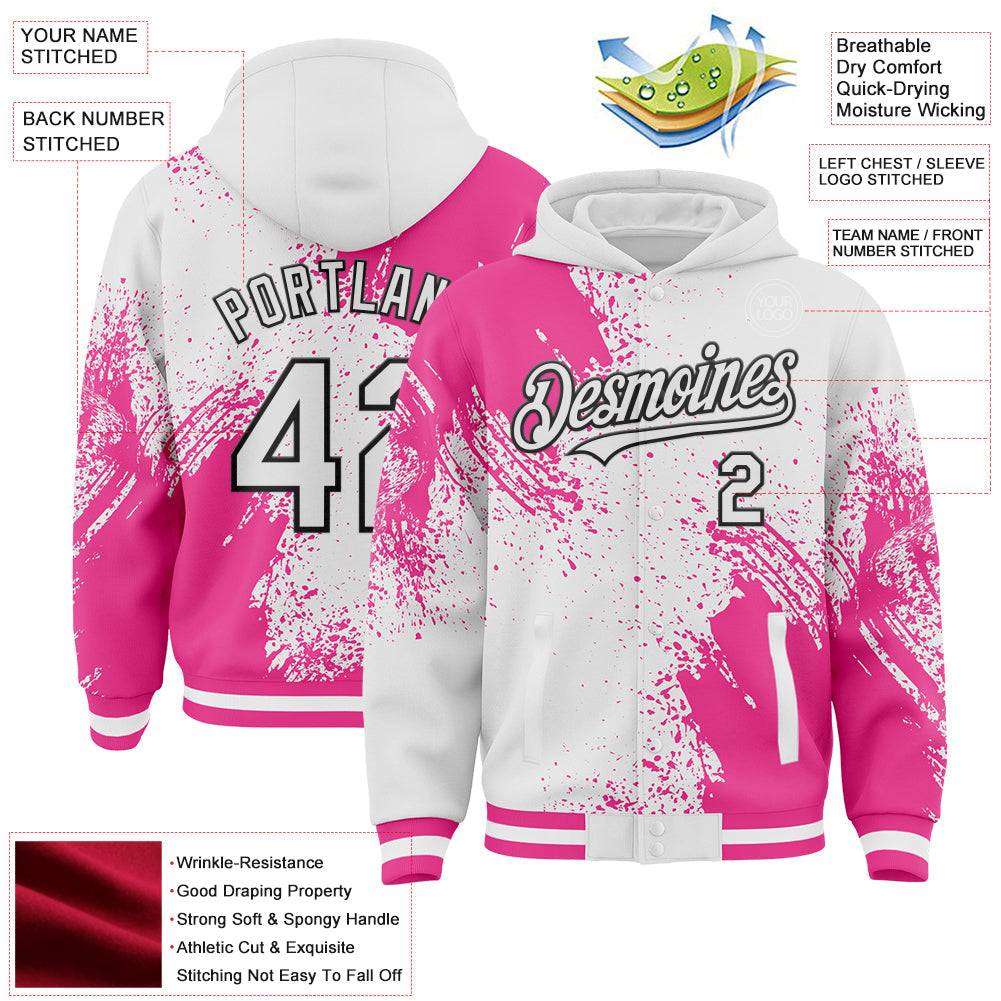 Custom White Pink-Black Abstract Brush Stroke 3D Pattern Design Bomber Full-Snap Varsity Letterman Hoodie Jacket view 4