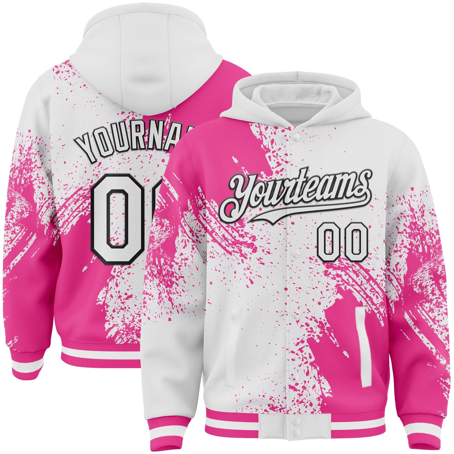 Custom White Pink-Black Abstract Brush Stroke 3D Pattern Design Bomber Full-Snap Varsity Letterman Hoodie Jacket - Main View