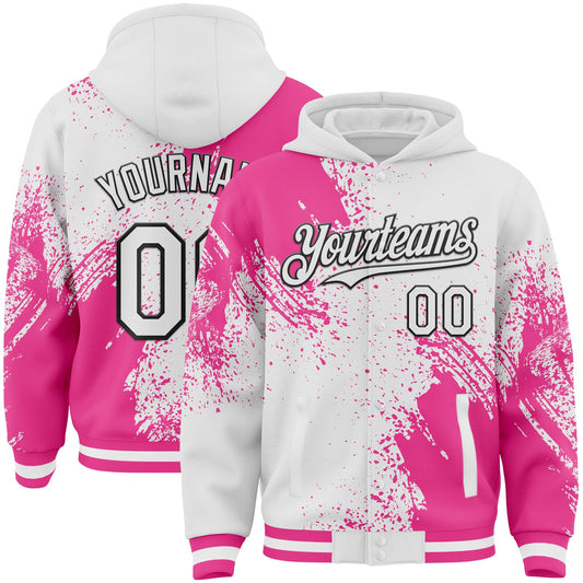 Custom White Pink-Black Abstract Brush Stroke 3D Pattern Design Bomber Full-Snap Varsity Letterman Hoodie Jacket - Main View