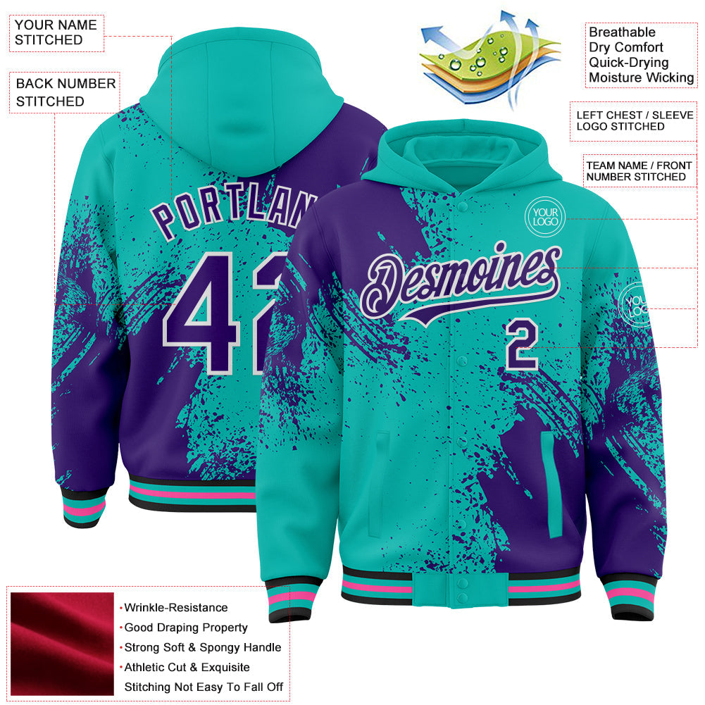 Custom Aqua Purple Black Pink-White Abstract Brush Stroke 3D Pattern Design Bomber Full-Snap Varsity Letterman Hoodie Jacket view 4