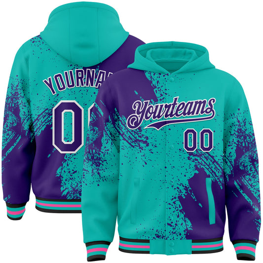 Custom Aqua Purple Black Pink-White Abstract Brush Stroke 3D Pattern Design Bomber Full-Snap Varsity Letterman Hoodie Jacket - Main View