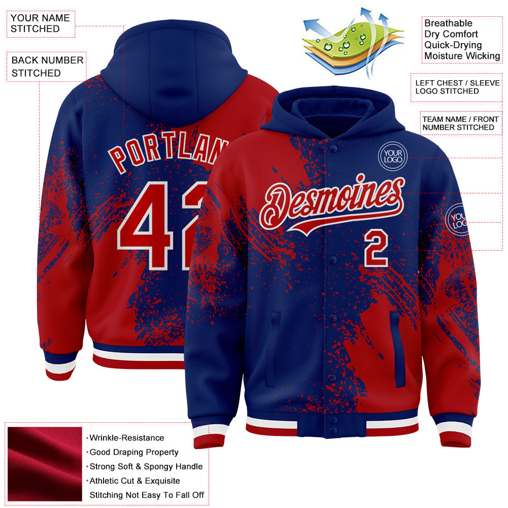 Custom Royal Red-White Abstract Brush Stroke 3D Pattern Design Bomber Full-Snap Varsity Letterman Hoodie Jacket view 4