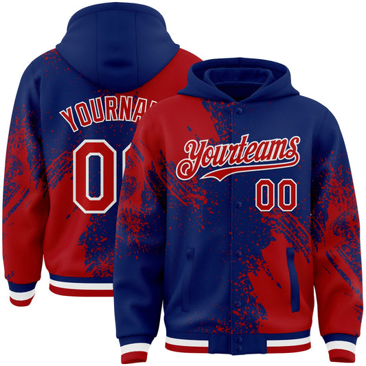 Custom Royal Red-White Abstract Brush Stroke 3D Pattern Design Bomber Full-Snap Varsity Letterman Hoodie Jacket - Main View