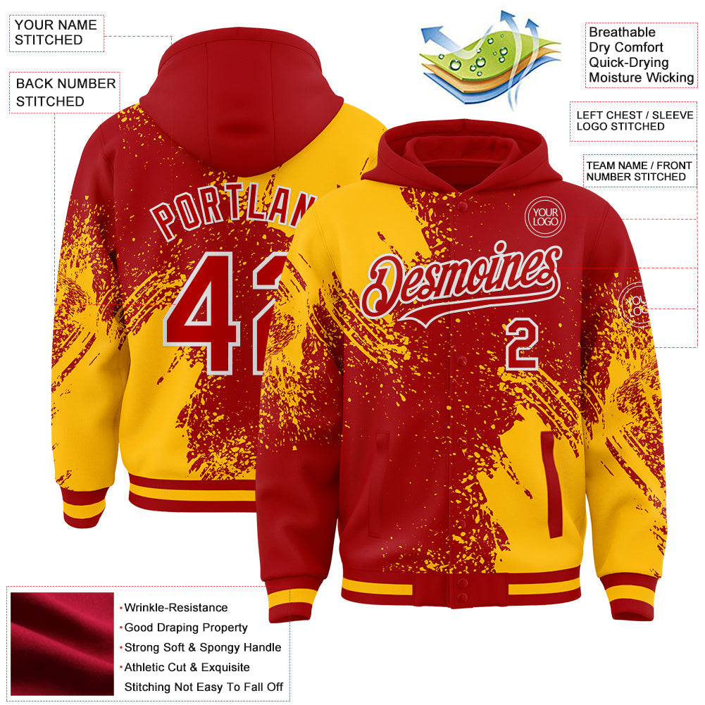 Custom Red Gold-White Abstract Brush Stroke 3D Pattern Design Bomber Full-Snap Varsity Letterman Hoodie Jacket view 4