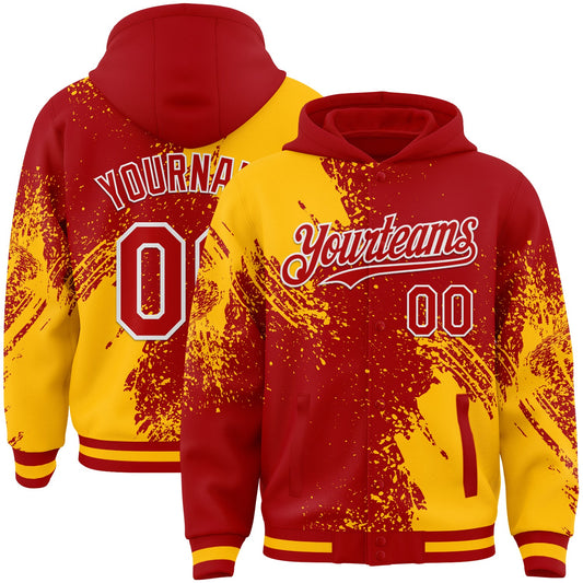Custom Red Gold-White Abstract Brush Stroke 3D Pattern Design Bomber Full-Snap Varsity Letterman Hoodie Jacket - Main View