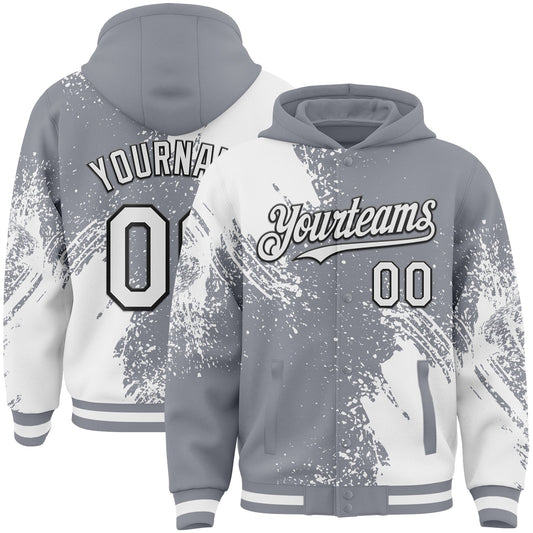 Custom Gray White-Black Abstract Brush Stroke 3D Pattern Design Bomber Full-Snap Varsity Letterman Hoodie Jacket - Main View