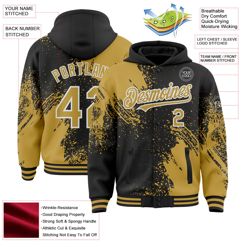 Custom Black Old Gold-White Abstract Brush Stroke 3D Pattern Design Bomber Full-Snap Varsity Letterman Hoodie Jacket view 4