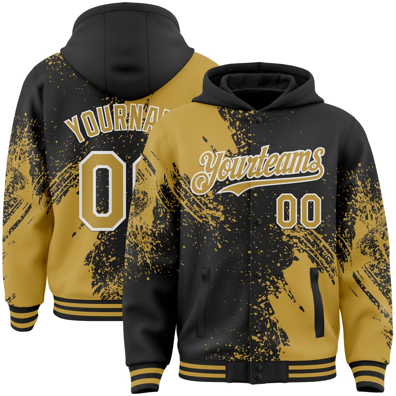 Custom Black Old Gold-White Abstract Brush Stroke 3D Pattern Design Bomber Full-Snap Varsity Letterman Hoodie Jacket - Main View