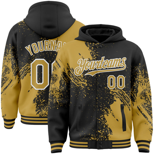 Custom Black Old Gold-White Abstract Brush Stroke 3D Pattern Design Bomber Full-Snap Varsity Letterman Hoodie Jacket - Main View
