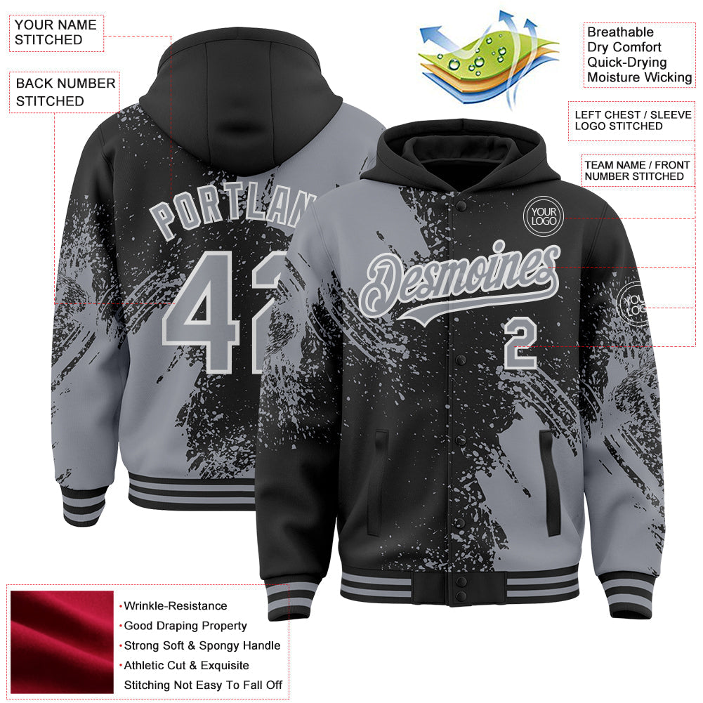 Custom Black Gray-White Abstract Brush Stroke 3D Pattern Design Bomber Full-Snap Varsity Letterman Hoodie Jacket view 4