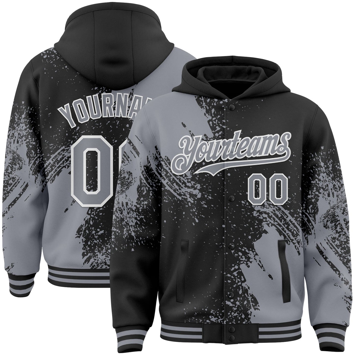 Custom Black Gray-White Abstract Brush Stroke 3D Pattern Design Bomber Full-Snap Varsity Letterman Hoodie Jacket - Main View