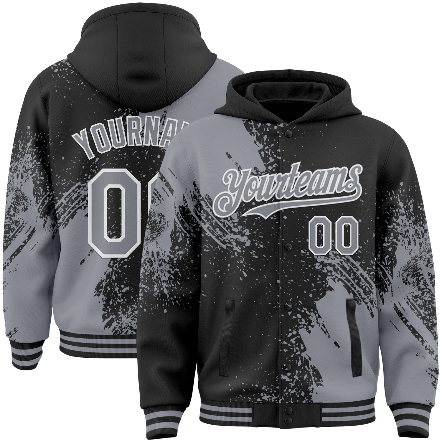 Custom Black Gray-White Abstract Brush Stroke 3D Pattern Design Bomber Full-Snap Varsity Letterman Hoodie Jacket - Main View