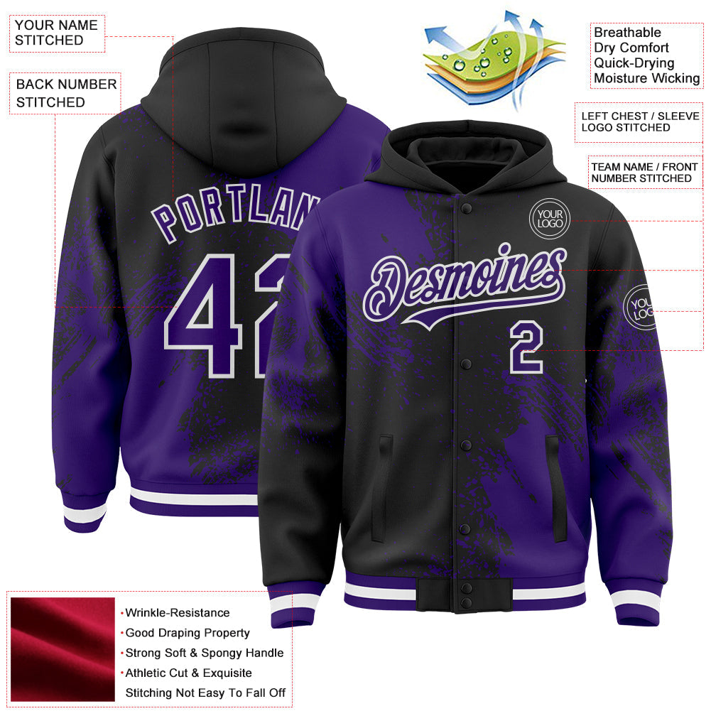 Custom Black Purple-White Abstract Brush Stroke 3D Pattern Design Bomber Full-Snap Varsity Letterman Hoodie Jacket view 4