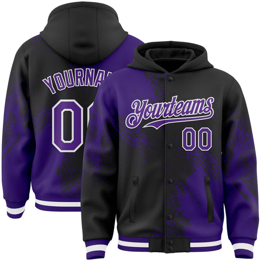 Custom Black Purple-White Abstract Brush Stroke 3D Pattern Design Bomber Full-Snap Varsity Letterman Hoodie Jacket - Main View