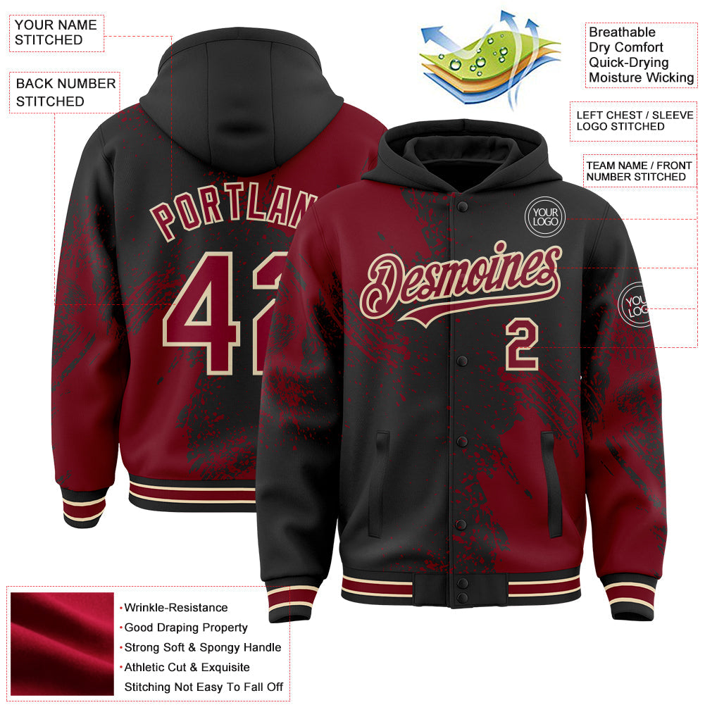 Custom Black Crimson City Cream-Cream Abstract Brush Stroke 3D Pattern Design Bomber Full-Snap Varsity Letterman Hoodie Jacket view 4
