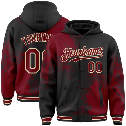 Custom Black Crimson City Cream-Cream Abstract Brush Stroke 3D Pattern Design Bomber Full-Snap Varsity Letterman Hoodie Jacket - Main View