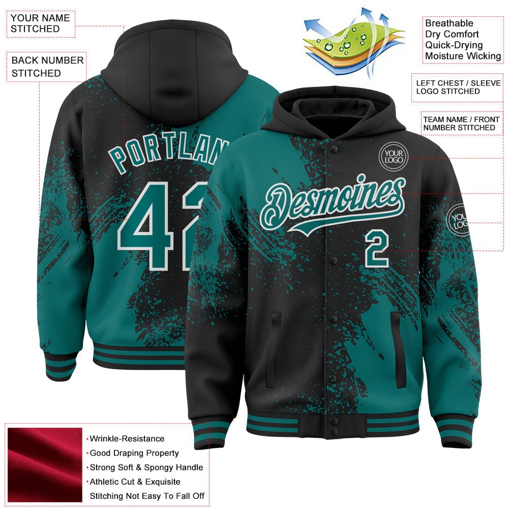 Custom Black Teal-White Abstract Brush Stroke 3D Pattern Design Bomber Full-Snap Varsity Letterman Hoodie Jacket view 4