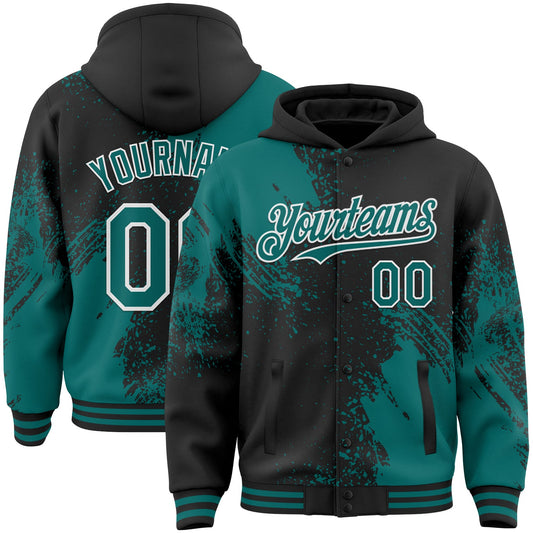 Custom Black Teal-White Abstract Brush Stroke 3D Pattern Design Bomber Full-Snap Varsity Letterman Hoodie Jacket - Main View