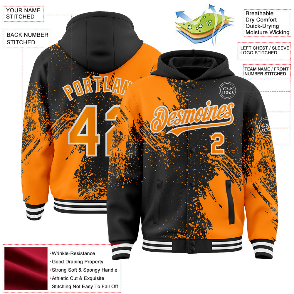 Custom Black Bay Orange-White Abstract Brush Stroke 3D Pattern Design Bomber Full-Snap Varsity Letterman Hoodie Jacket view 4