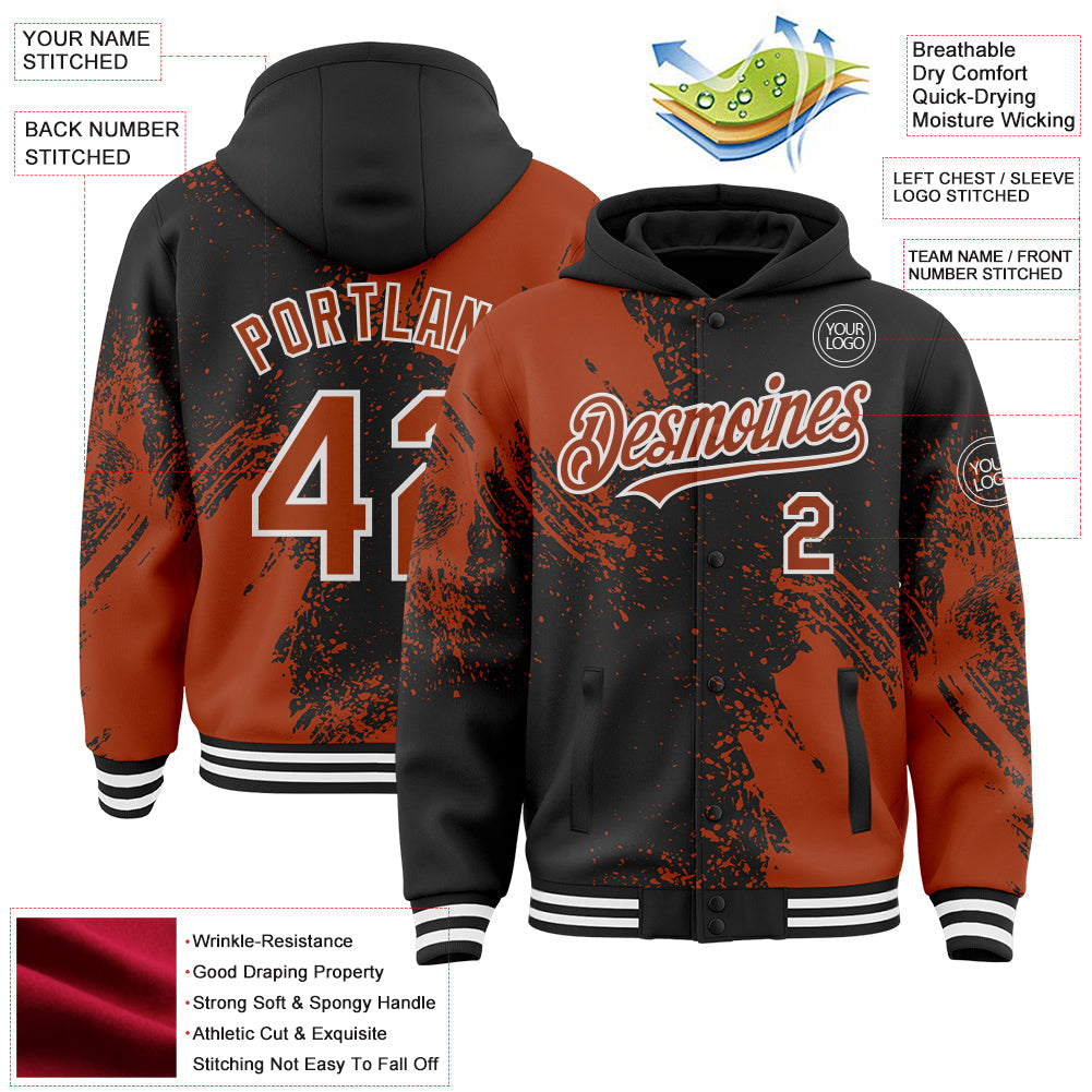 Custom Black Texas Orange-White Abstract Brush Stroke 3D Pattern Design Bomber Full-Snap Varsity Letterman Hoodie Jacket view 4